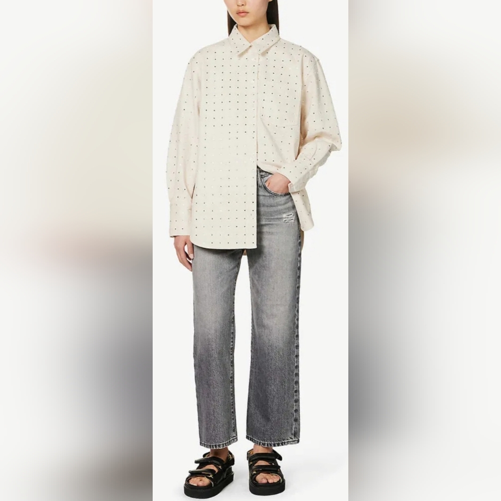 Martha Stewart Women's Luxe 100%Cotton Rhinestone Button Down Shirt Bone Medium